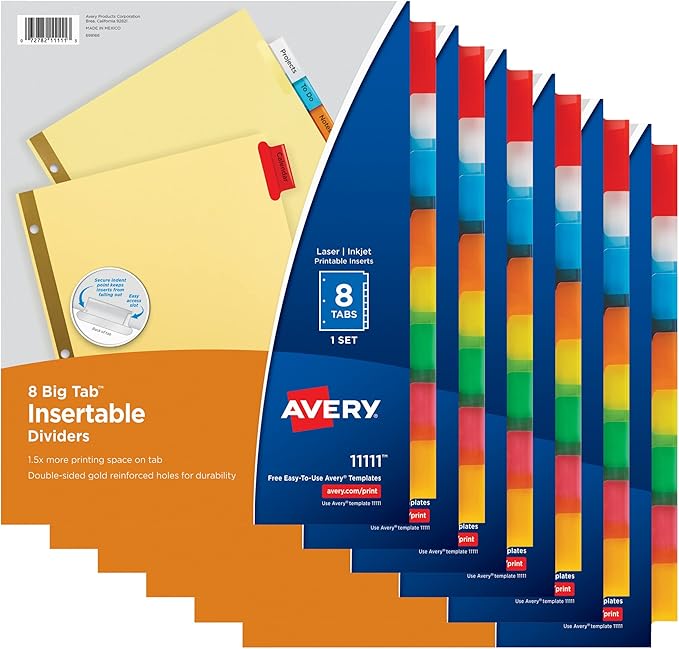 Avery 8-Tab Binder Dividers for School, Medical Office Supply, or Home Organization, Insertable Multicolor Big Tabs, 6 Sets (11111)