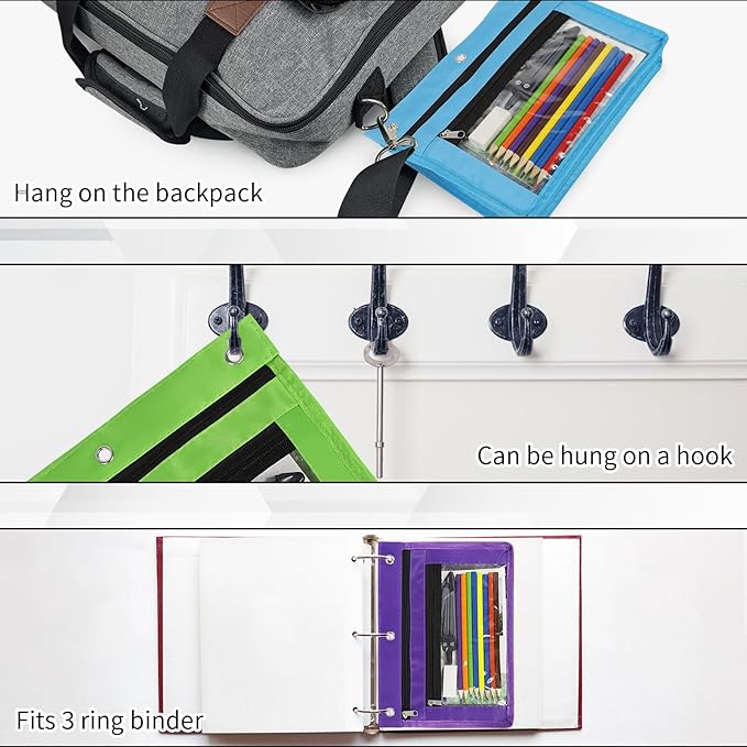 YoeeJob 6 Pack 1 Inch Expandable Zipper Pencil Pouches with Clear Window for 3 Ring Binder, Suitable for School & Office（Colourful）