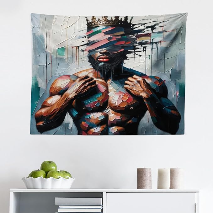 Ambesonne Afro Art Tapestry, Strong Black Man with a Crown Face of Strokes Modern Painting Print, Fabric Wall Hanging Decor for Bedroom Living Room Dorm, 28" X 23", Blue Grey and Chocolate