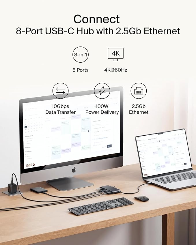 Belkin Connect 8-Port USB C Hub, Supports Display w/Resolutions up to 4K@60Hz - Works with Mac, Windows, and Chromebook - 100W PD w/ 10Gbps Data Transfer Speeds & 2.5Gbps Ethernet - Black