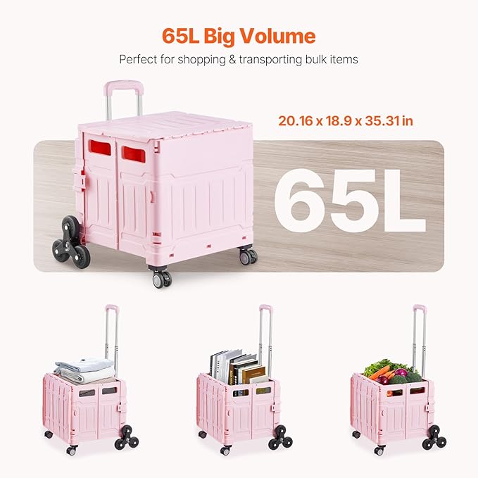 VEVOR Foldable Utility Cart, 65L Collapsible Portable Crate Rolling Cart with Stair Climbing Wheels & 360° Swivel Wheels, Hand Cart with Telescoping Handle for Shopping Office Moving Teacher, Pink