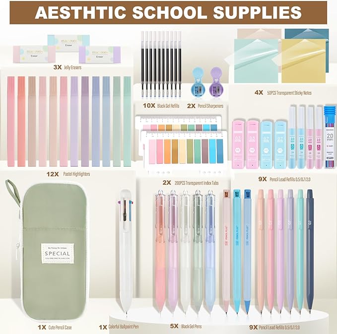 58 PCS Aesthetic School Supplies with Cute Pencil Case,12 Pastel Highlighters, 5 Gel Pens Black Ink，9 Mechanical Pencils for， Student Stationary ，CollegeEssentials Gifts (Green)