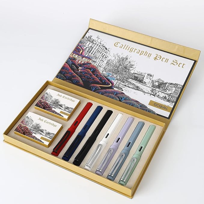 GC QUILL Calligraphy Fountain Pen Set- 7 with Different Nibs and 40 Ink Cartridges for Beginners- MU-09