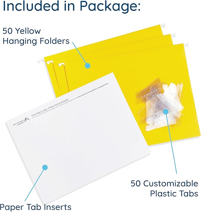 Blue Summit Hanging File Folders, Letter Size, Yellow, Great for Organizing and Easy File Storage, 50 Per Box