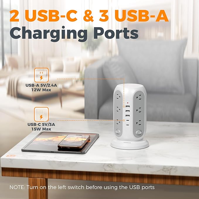 TESSAN Tower Power Strip with Individual Switches, Surge Protector with 12 Outlets, 5 USB Ports(2 USB C), Flat Extension Cord 10 Ft, 1250W, Charging Station for Multiple Devices, for Office, Dorm