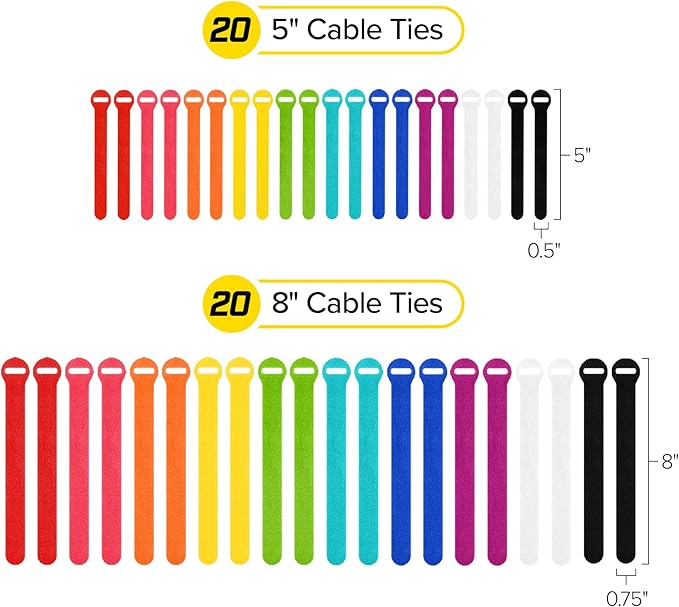 Self-Gripping Cable Ties by Wrap-It Storage, Multi-Color, 40 Pack (5 Inch and 8 Inch Straps) – Reusable Hook and Loop Cord Keeper, Cable Wrappers for Cord Management and Home Office Desk Organization