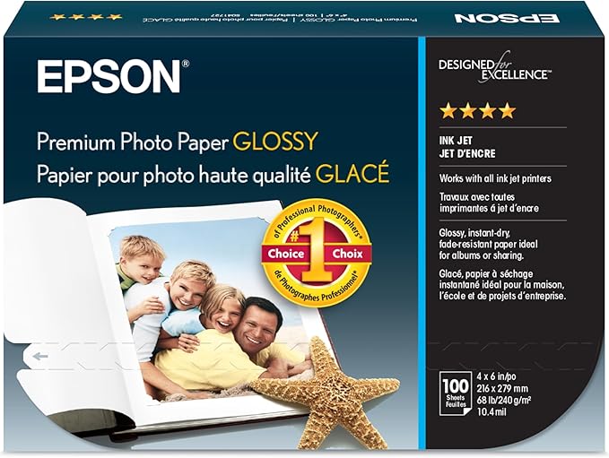 Epson S041727 Premium Photo Paper, 68 lbs., High-Gloss, 4 x 6 (Pack of 100 Sheets),White
