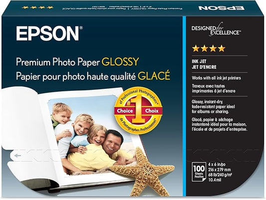 Epson S041727 Premium Photo Paper, 68 lbs., High-Gloss, 4 x 6 (Pack of 100 Sheets),White