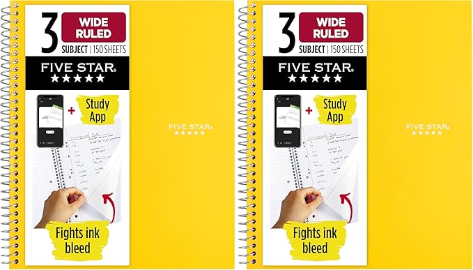 Five Star Spiral Notebook + Study App, 3 Subject, Wide Ruled Paper, 8" x 10-1/2", 150 Sheets, Fights Ink Bleed, Water Resistant Cover, Harvest Yellow (73463) (Pack of 2)