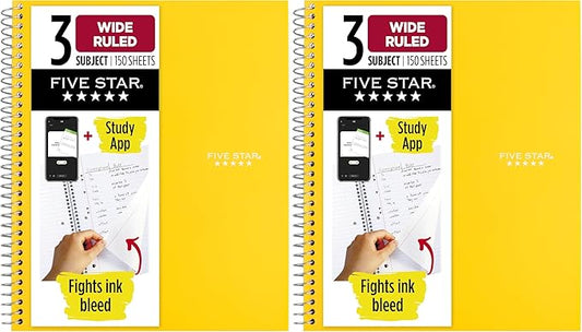 Five Star Spiral Notebook + Study App, 3 Subject, Wide Ruled Paper, 8" x 10-1/2", 150 Sheets, Fights Ink Bleed, Water Resistant Cover, Harvest Yellow (73463) (Pack of 2)