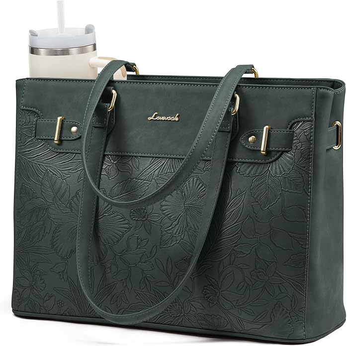 LOVEVOOK Laptop Tote Bag for Women Work, Teacher Tote Bag with Large Cup Holder, 15.6 Inch Waterproof Leather Computer Bag