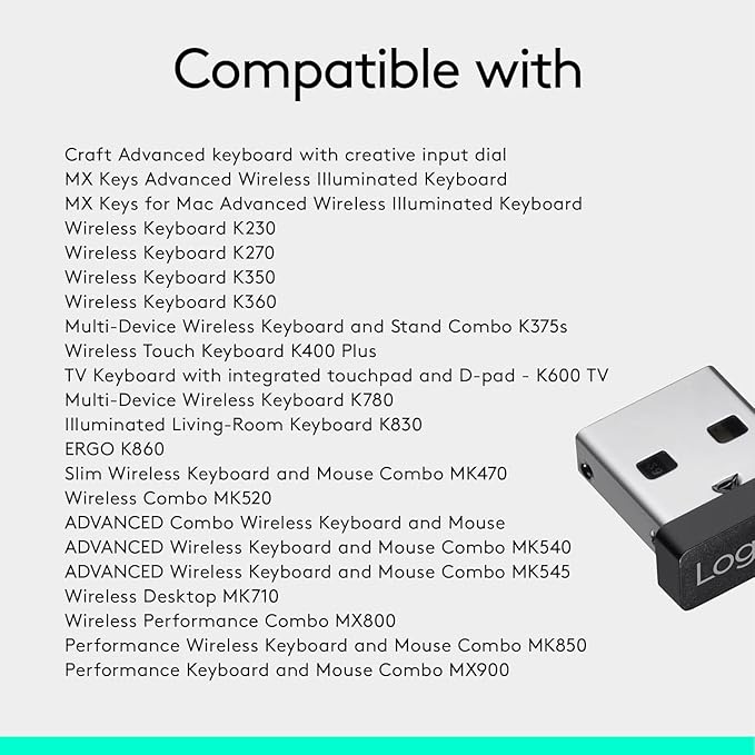 Logitech USB Unifying Receiver, 2.4 GHz Wireless Technology, USB Plug Compatible with All Unifying Devices Like Wireless Mouse and Keyboard, PC/Mac/Laptop - Black