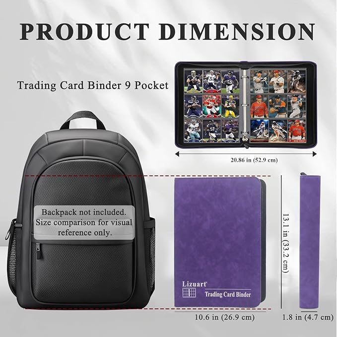 Card Binder 9 Pocket, 3-Ring Zipper Binder for Baseball Cards, Sports Cards, TCG/CCG (MTG, Football, Basketball), 20 Black Leatherette Sheets, Side Load (Purple, O-Ring)