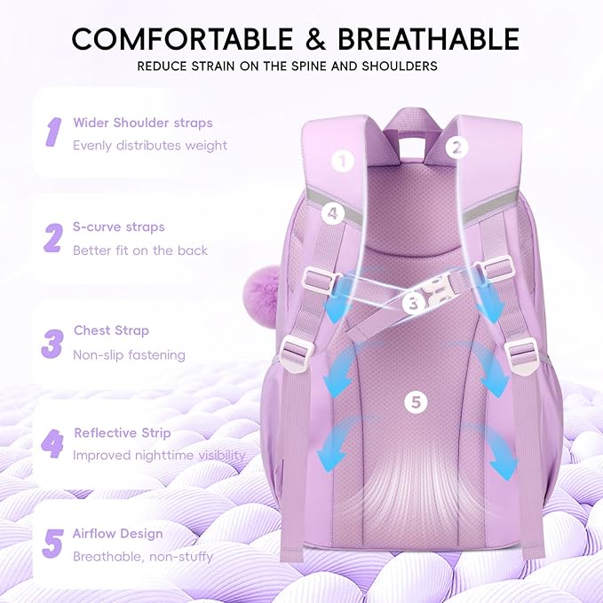 Girls Backpack with Lunch Box 3Pcs, Kawaii School Bag Set for Kid Elementary Middle School, Multi-Pocket Cute Laptop Bookbag Lightweight, Purple