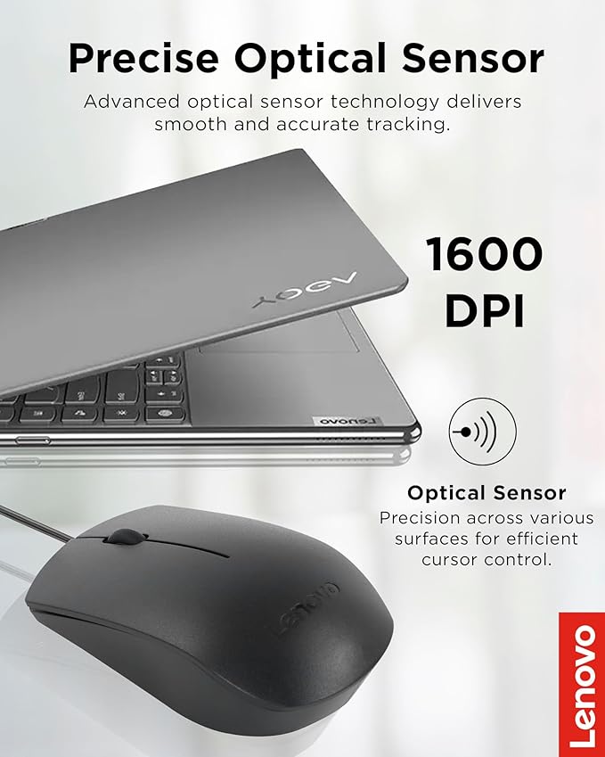 Lenovo USB-C Wired Mouse, Full Size, Ambidextrous Design, Black, Ergonomic Shape, Precision Sensor, Plug-and-Play for Right and Left-Handed Users, Durable Performance Gaming PC