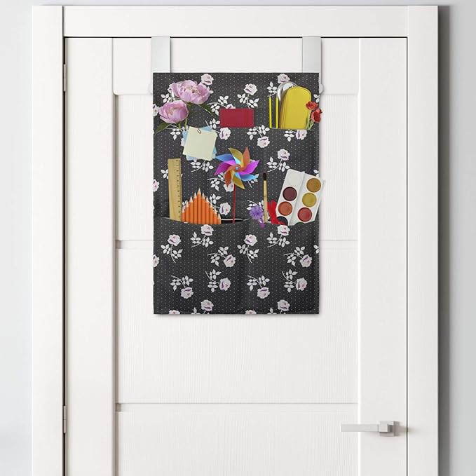 Ambesonne Floral Hanging Pocket Organizer, Flower Silhouettes on a Background of Mini Polka Dots, Printed Polyester Storage Bag with Pockets, 14" x 20", Dark Taupe Grey Fuchsia