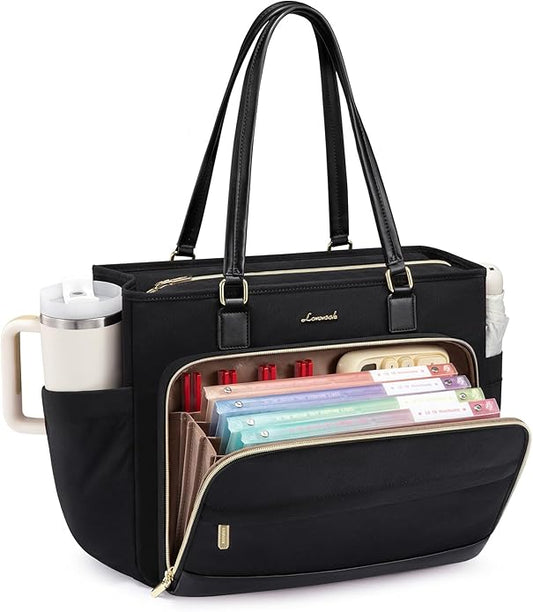 LOVEVOOK Teacher Tote Bag, Laptop Bag for Women with Large Cup Holder & Accordion File Area, Work Tote Bag for Business