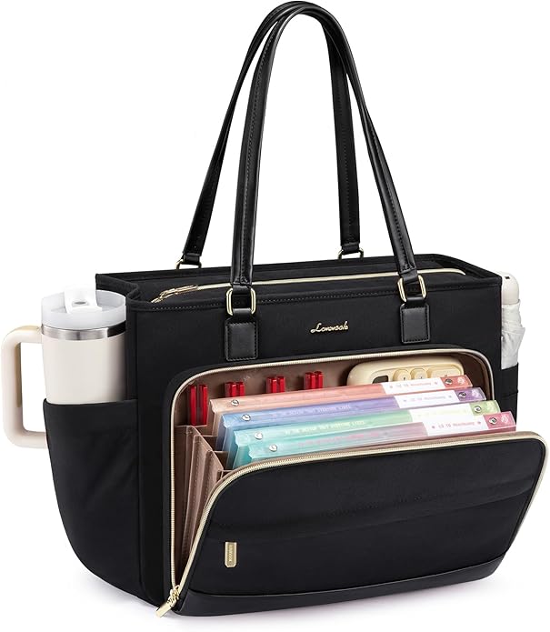 LOVEVOOK Teacher Tote Bag, Laptop Bag for Women with Large Cup Holder & Accordion File Area, Work Tote Bag for Business