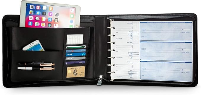 Inkline 7 Ring Check Binder Portfolio -Professional PU Leather Binder with Zippered Closure -500 Check Capacity -9x13 Inch Sheets -Document & Card Organizer -Large Tablet Pocket - Brown (80006)