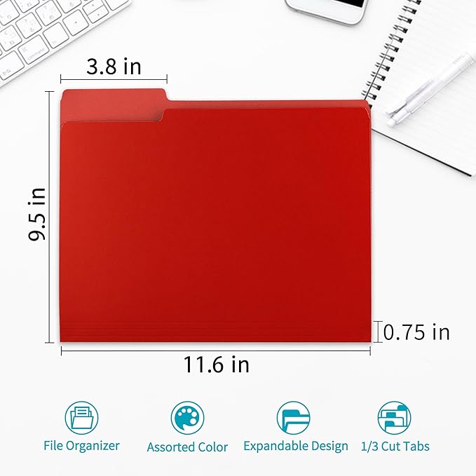 Two-Tone File Folder 8.5 x 11 Inch,100 Pack Red File Folders,1/3 Cut Tabs File Folder Letter Size,Colored File Folders,Manila File Folders for Office,School and Home,Organization