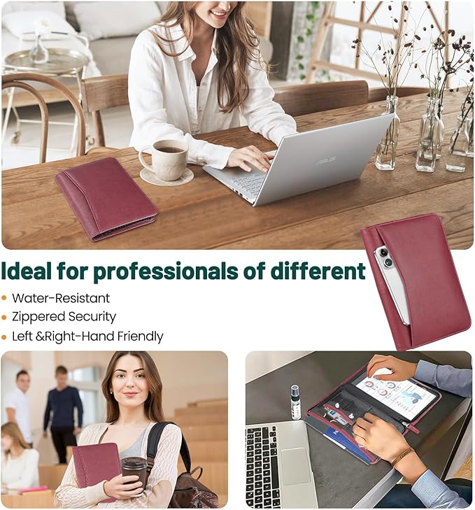 Padfolio for Women, Zippered Business Portfolio, Leather Padfolio Binder 5.3 x 8 inch Writing Pad, Business Portfolio Organizer, Small Padfolio with Clipboard (Red)