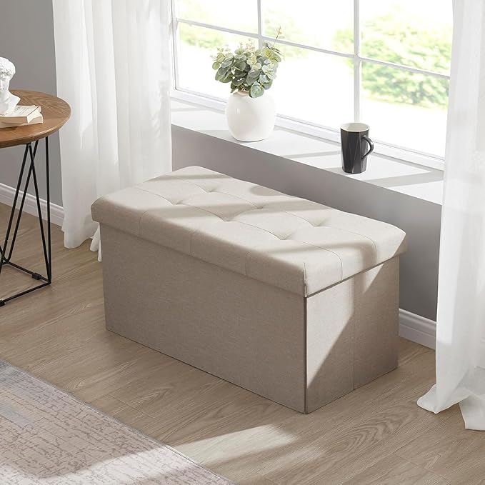 30 Inches Folding Storage Ottoman Bench, Ottoman Foot Rest, Storage Chest, End of Bed Foot Rest Stool with Padded Seat for Living Room, Bedroom, Entryway, Support 660lbs, Linen, Beige