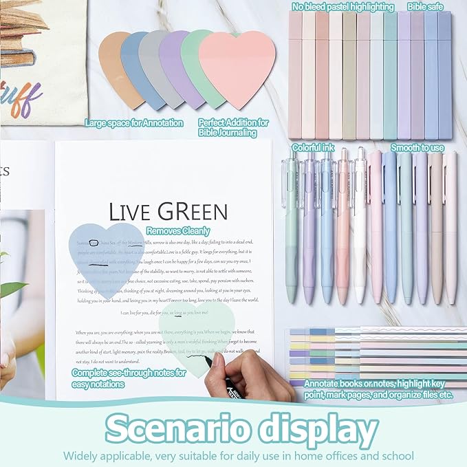 Book Annotation Kit, Aesthetic Bible Study Journaling Kit, 2640 Pcs Sticky Tabs, 300 Sticky Notes, 11 Gel Ink Pen, 12 Highlighter Marker, Pencil Case Pouch for Book Lover(Heart)