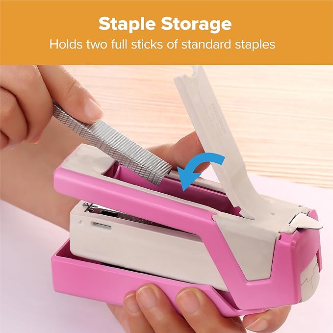 Bostitch Office InCourage Spring-Powered Compact Stapler, BCA Pink (1588), plastic-half strip
