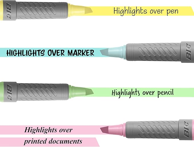 BIC Brite Liner Grip Pastel Highlighter Set, Chisel Tip for Fine and Broad Lines, 12-Count Pack in Assorted Colors
