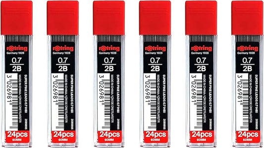 rOtring 0.7mm 2B Super Polymer Strong Dark Pencil Lead Refills for Mechanical Pencils - 144 Leads in Total - Pack of 6 Tubes