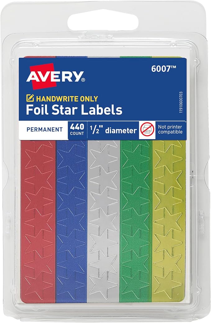 Avery Foil Star Labels, 1/2", Assorted Colors, Non-Printable, 440 Labels Per Pack, 36 Packs, 15,840 Star Stickers Total (6007)