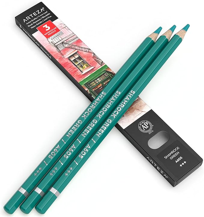 Arteza Professional Watercolor Pencils, Pack of 3, A605 Shamrock Green, Water-Soluble Pencils for Coloring, Blending, Layering & Watercolor Techniques
