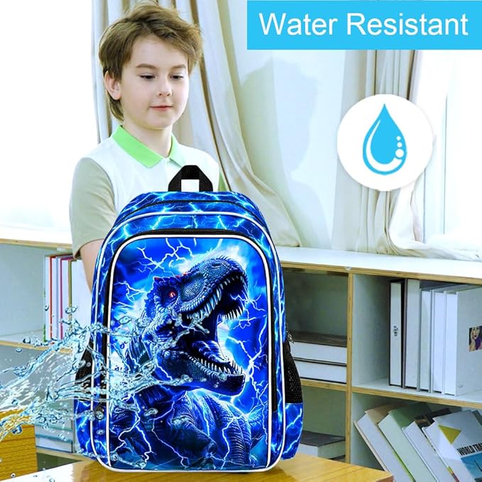 KLFVB 3PCS Boys Backpack Set, 17" Dinosaur Bookbag and Lunch Box, Water Resistant Teenagers School Backpacks for Middle Elementary - Lightning T-Rex