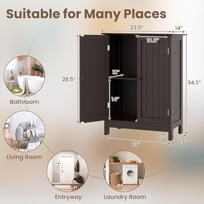 COSTWAY Bathroom Storage Cabinet, Freestanding Bathroom Organizers and Storage with Doors & Adjustable Shelf, Wooden Floor Cabinet for Home, Living Room, Entryway, Kitchen (Brown)