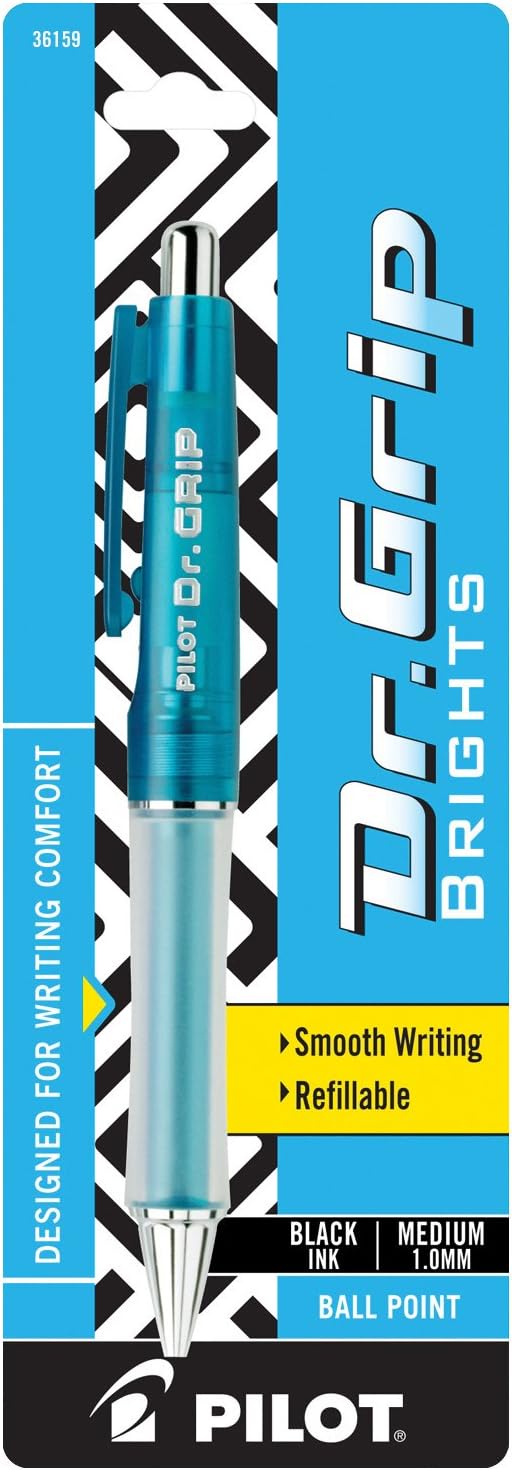 PILOT Dr. Grip Brights Refillable & Retractable Ballpoint Pen, Medium Point, Assorted Color Barrel, Black Ink, Single Pen (36159)