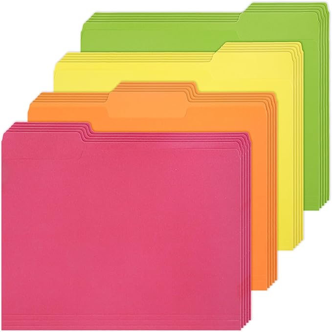 Whaline 24 Pack Neon Colored File Folders Letter Size Pink Orange Yellow Green File Pockets with 1/3 Cut Tab for Home Office Classroom Supplies, 8.9 x 11.6 Inch, 4 Colors