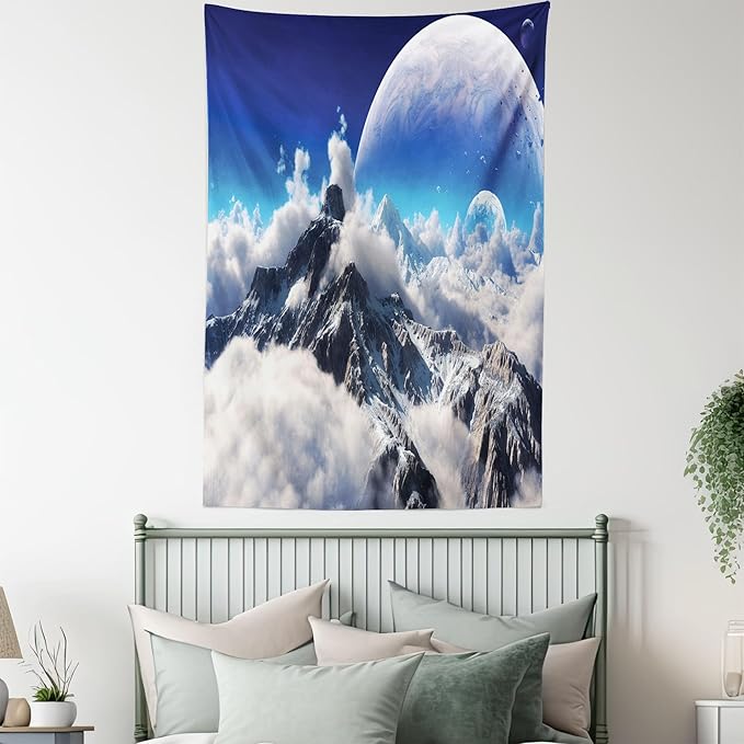 Ambesonne Fantasy Tapestry, Celestial View of Snow Capped Mountains and Alien Planet Print, Fabric Wall Hanging Decor for Bedroom Living Room Dorm, 30" X 45", White and Navy Blue