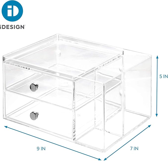 iDesign Plastic Vanity, Compact Storage Set Compartments for Cosmetics, Dental Supplies, Hair Care, Bathroom, Dorm, Desk, Countertop, Office, 6.5" x 6.5" x 6.5", 2 Drawer-Side Organizer
