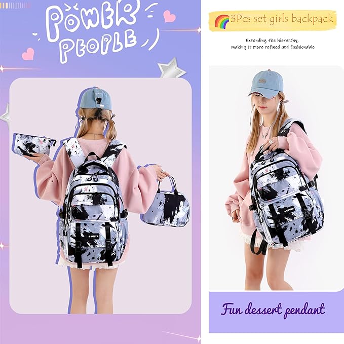 Backpack for Girls Kids Backpacks with Lunch Box Elementary Middle High School Backpacks Students Bookbag Set School Bags for Teens Girls (Black)