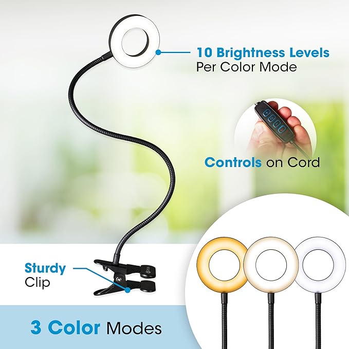 OttLite Capture Clip-On LED Desk Lamp and Ring Light for Desk, Use for Reading, Selfie, for Computer, ClearSun LED Technology, Dimmable with 3 Color Modes