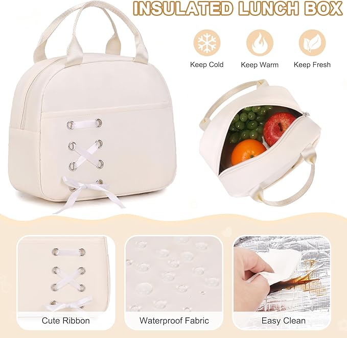 Backpacks for Girls, Girls Backpack with Lunch Box & Pencil Pouch for Teens Girl Kids Elementary Middle High School College Student Bookbag Daypack Laptop Travel Backpack for Women (Beige)