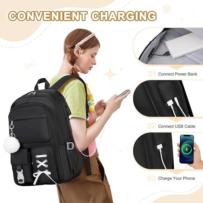 Backpacks for Girls, Girls Backpack with Lunch Box & Pencil Pouch for Teens Girl Kids Elementary Middle High School College Student Bookbag Daypack Laptop Travel Backpack for Women (Black)