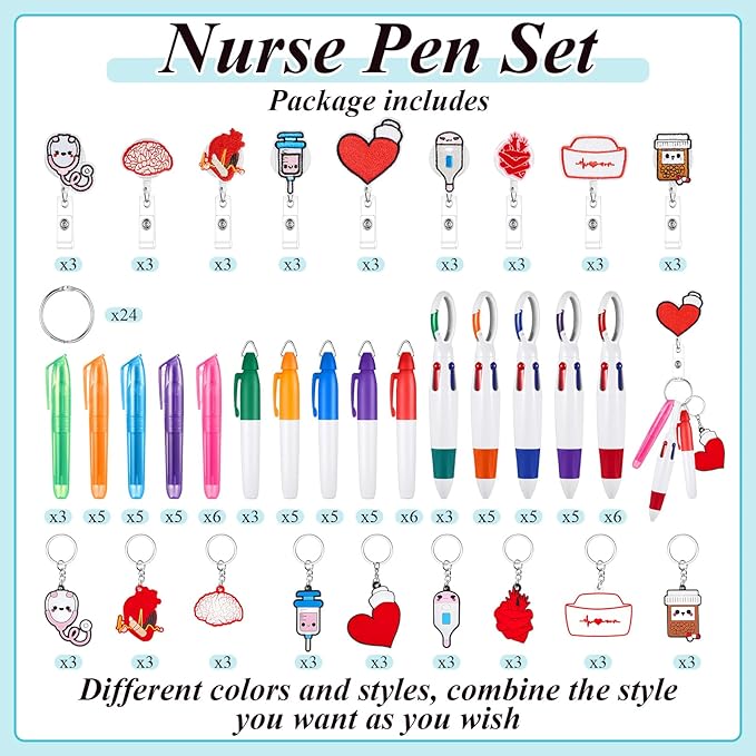 Henoyso 144 Pcs Nurse Badge Reel Pens Mini Highlighter Pens Bulk Nursing Week Appreciation Gifts Badge Accessories Retractable for Cna Medical Assistant Christmas Women (Classic)