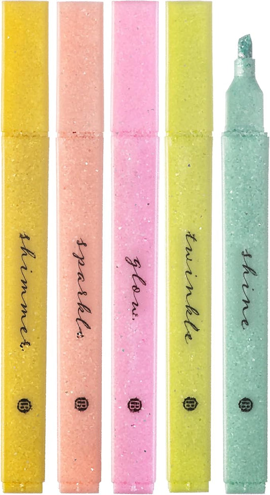 DIVERSEBEE Glitter Bible Highlighters with Soft Chisel Tip, 5 Pack Assorted Color Pens No Bleed, Quick Dry, Cute Aesthetic Marker Set for Bible Study Journaling Supplies (Sunshine)