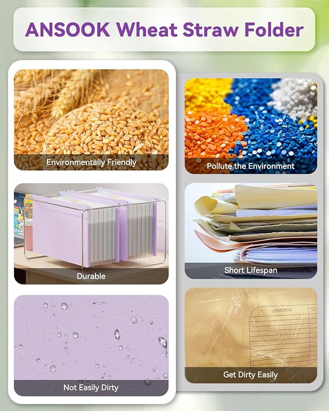 ANSOOK Wheat Straw Expanding Hanging File Folders Letter Size,1.2" Accordion Pockets File Organizer,3 Pack Filing Cabinet Folders,Large Capacity File Folder with Tabs,Purple Hanging File for Frame Box