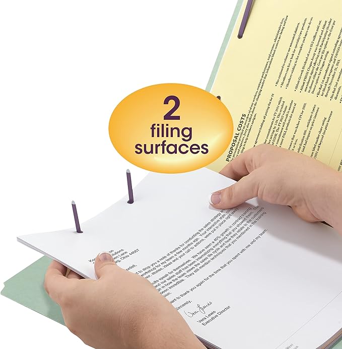 Smead Pressboard Fastener File Folder with SafeSHIELD Fasteners, 2 Fasteners, 2/5-Cut Tab Right of Center Position, 2" Expansion, Guide Height, Letter Size, Gray/Green, 25 per Box (14982)