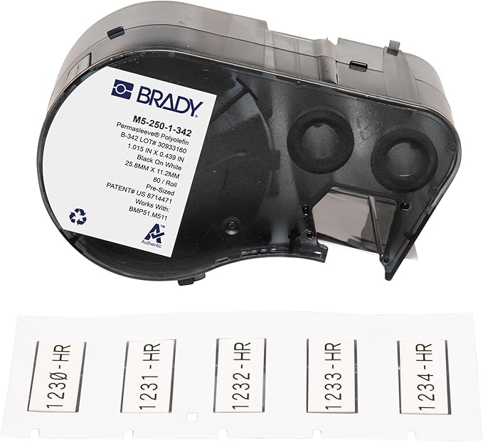 Brady Authentic (M5-250-1-342) PermaSleeve® Heat-Shrink Labels Polyolefin 0.439" H x 1" W Black on White 0.25" Dia, Cartridge of 80 Labels. for use with The BMP51 and M511 Label Printers