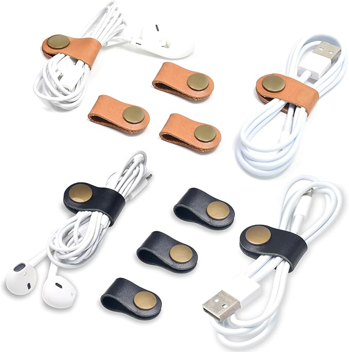 CAILLU Cord Organizer,Cord Keeper,Cable Organizer USB Holder,Cable Straps,Earbud case,wrap Headphone,Headset Winder,Earphone Clips Ties,Stocking Stuffers for Men Gifts Leather (Brown/Black)