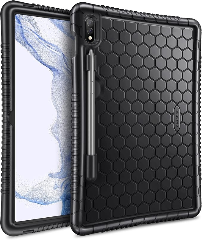 Fintie Silicone Case for Samsung Galaxy Tab S8/Tab S7 11 Inch (Model SM-X700/X706/T870/T875/T878), [S Pen Holder] Honey Comb Series Kids Friendly Light Weight Shock Proof Protective Cover, Black