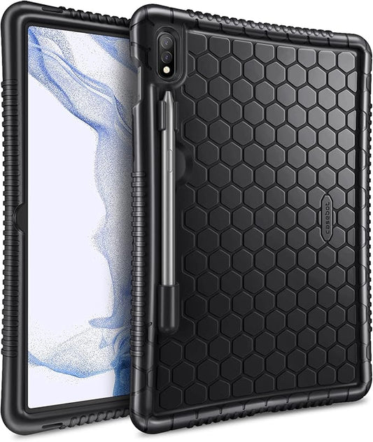 Fintie Silicone Case for Samsung Galaxy Tab S8/Tab S7 11 Inch (Model SM-X700/X706/T870/T875/T878), [S Pen Holder] Honey Comb Series Kids Friendly Light Weight Shock Proof Protective Cover, Black